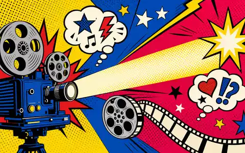 Disney US9314271084 als leuchtender Pop-Art-Comic mit buntem Filmprojektor abstrakten Halbtonpunkten und Sprechblasen - Foto: THN