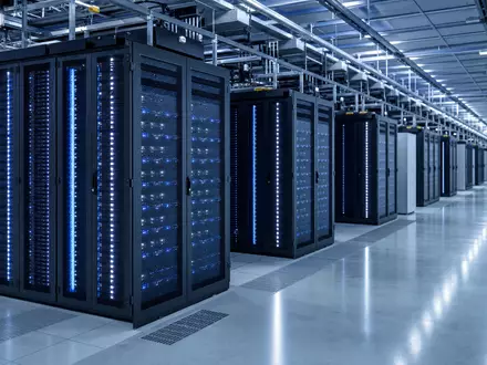 Fotorealistisches Rechenzentrum mit Serverreihen symbolisiert Cloud-Infrastruktur von Alphabet Inc. (Class C), ISIN US02079K1079, Kapitalmarkt-Fokus - Foto: THN