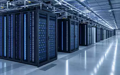 Fotorealistisches Rechenzentrum mit Serverreihen symbolisiert Cloud-Infrastruktur von Alphabet Inc. (Class C), ISIN US02079K1079, Kapitalmarkt-Fokus - Foto: THN