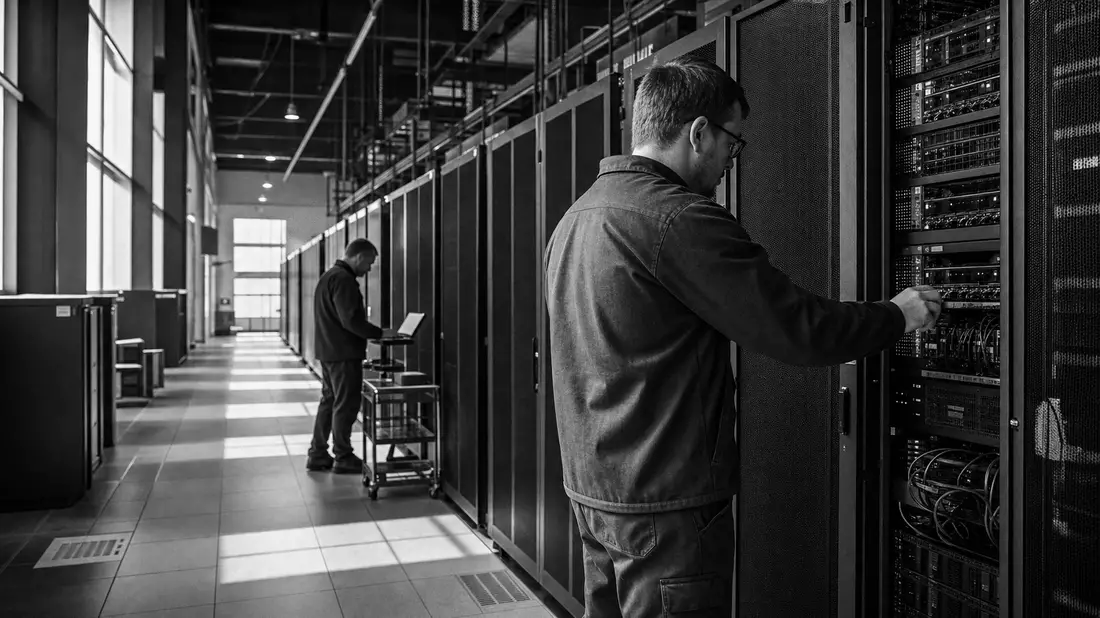 Schwarzweiß-Dokumentarfoto von Technikern in einem Serverraum