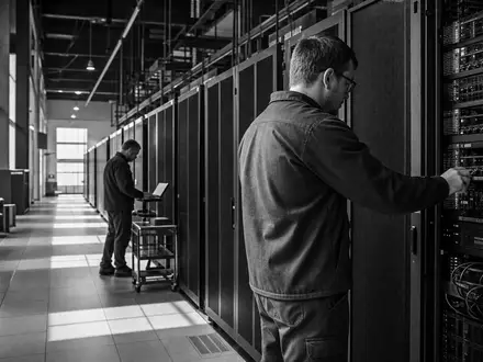 Schwarzweiß-Reportagefoto von Technikern in Serverraum zeigt Betrieb der Alphabet Inc. (Class C)-Infrastruktur, ISIN US02079K1079 - Foto: THN