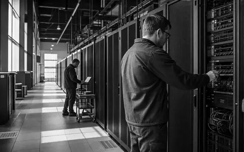 Schwarzweiß-Reportagefoto von Technikern in Serverraum zeigt Betrieb der Alphabet Inc. (Class C)-Infrastruktur, ISIN US02079K1079 - Foto: THN