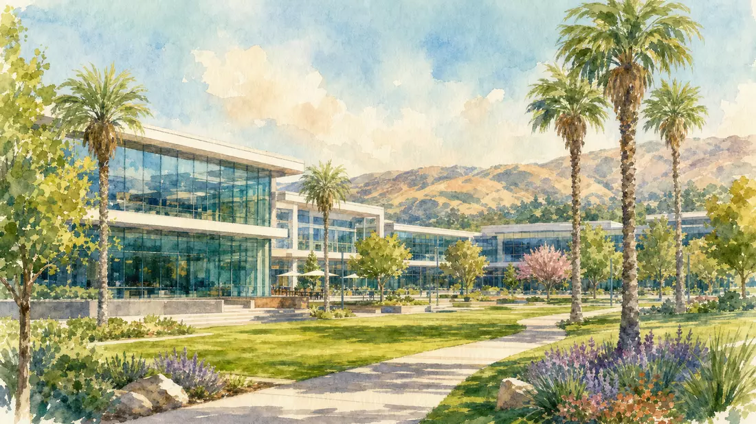 Aquarellmalerei einer sonnigen Silicon-Valley-Bürolandschaft mit Palmen