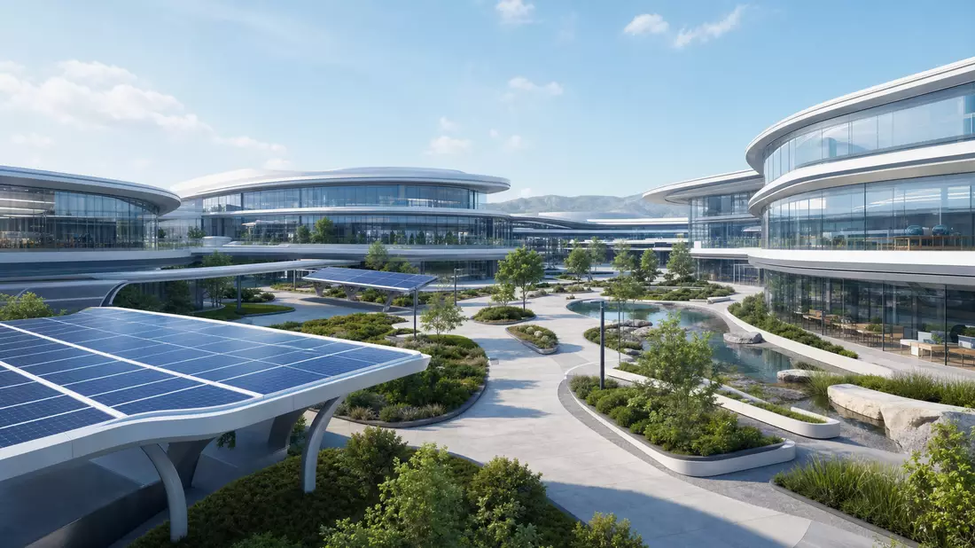 Architektonisches 3D-Render eines modernen Glas-Technologiecampus