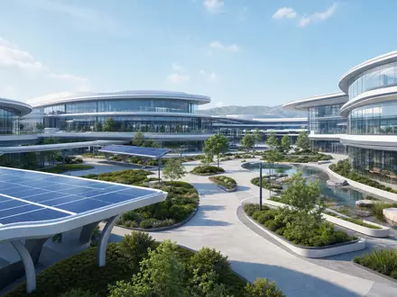 Architektur-Render eines modernen Glascampus repräsentiert Technologiestandort von Alphabet Inc. (Class C), ISIN US02079K1079 - Foto: THN