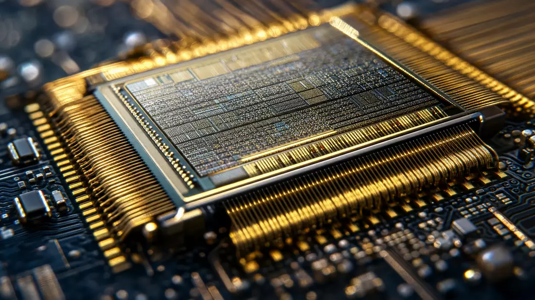 Makroaufnahme eines Computerchips mit feinen goldenen Schaltkreisen