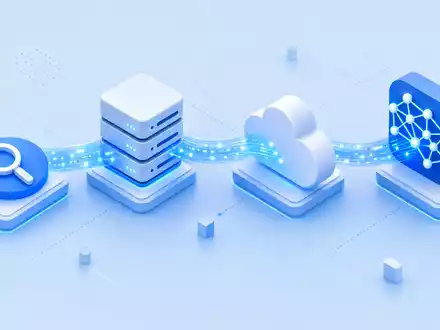 Isometrische 3D-Illustration zeigt Datenfluss-Wertschöpfungskette von Suche bis Cloud bei Alphabet Inc. (Class C), ISIN US02079K1079 - Foto: THN