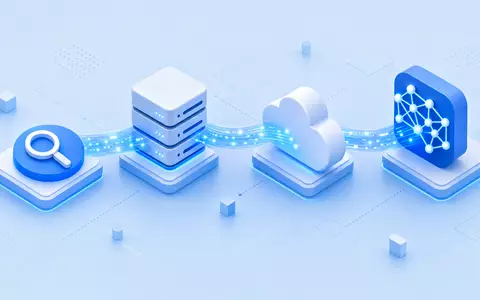 Isometrische 3D-Illustration zeigt Datenfluss-Wertschöpfungskette von Suche bis Cloud bei Alphabet Inc. (Class C), ISIN US02079K1079 - Foto: THN
