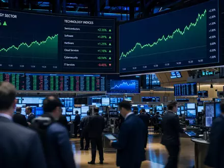 Börsen-Editorial-Szene am Nasdaq-Handelsplatz mit Tech-Charts illustriert Marktumfeld von Alphabet Inc. (Class C), ISIN US02079K1079 - Foto: THN
