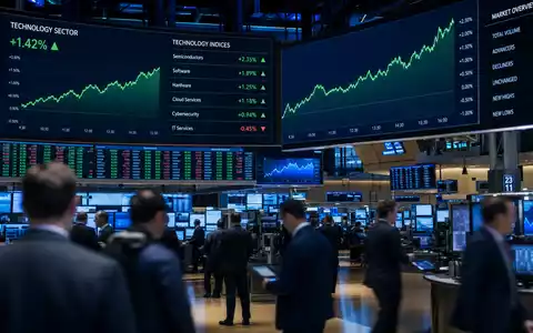 Börsen-Editorial-Szene am Nasdaq-Handelsplatz mit Tech-Charts illustriert Marktumfeld von Alphabet Inc. (Class C), ISIN US02079K1079 - Foto: THN