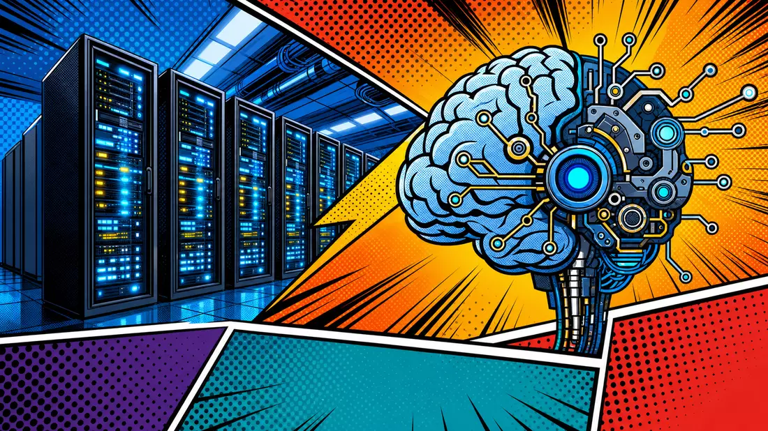 Bunte Pop-Art-Comic-Illustration von Cloud-Servern und KI-Symbolen