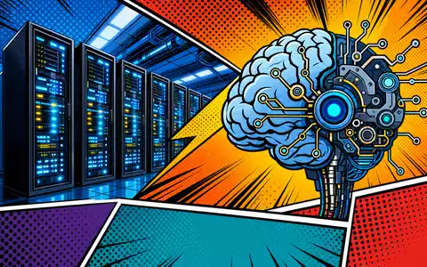 Pop-Art-Comic-Szene mit stilisierten Cloud-Servern und KI-Symbolen visualisiert Innovationskraft von Alphabet Inc. (Class C), ISIN US02079K1079 - Foto: THN