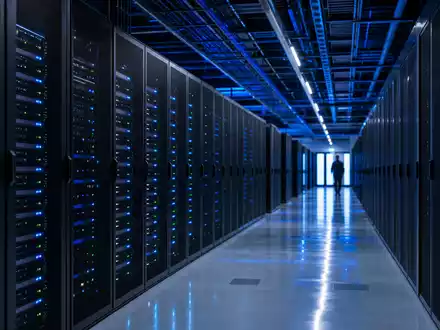 Fotorealistisches Rechenzentrum mit Server-Racks symbolisiert Alphabet Inc. (Class A), ISIN US02079K3059, Cloud-Infrastruktur - Foto: THN
