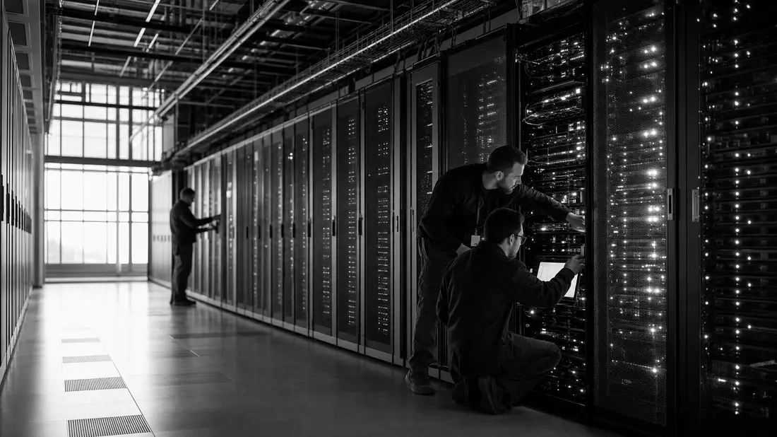 Schwarzweiß-Reportagefoto von Technikern bei Wartungsarbeiten an Server-Racks