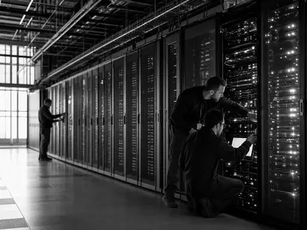 Schwarzweiß-Reportage von Technikern im Rechenzentrum, passend zu Alphabet Inc. (Class A), ISIN US02079K3059, Cloud-Sektor - Foto: THN