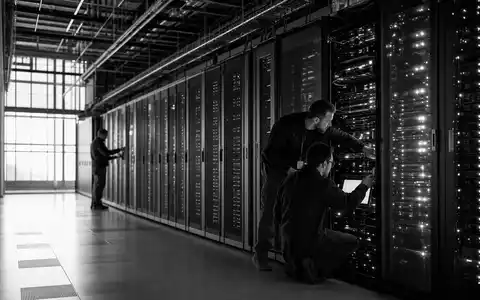 Schwarzweiß-Reportage von Technikern im Rechenzentrum, passend zu Alphabet Inc. (Class A), ISIN US02079K3059, Cloud-Sektor - Foto: THN