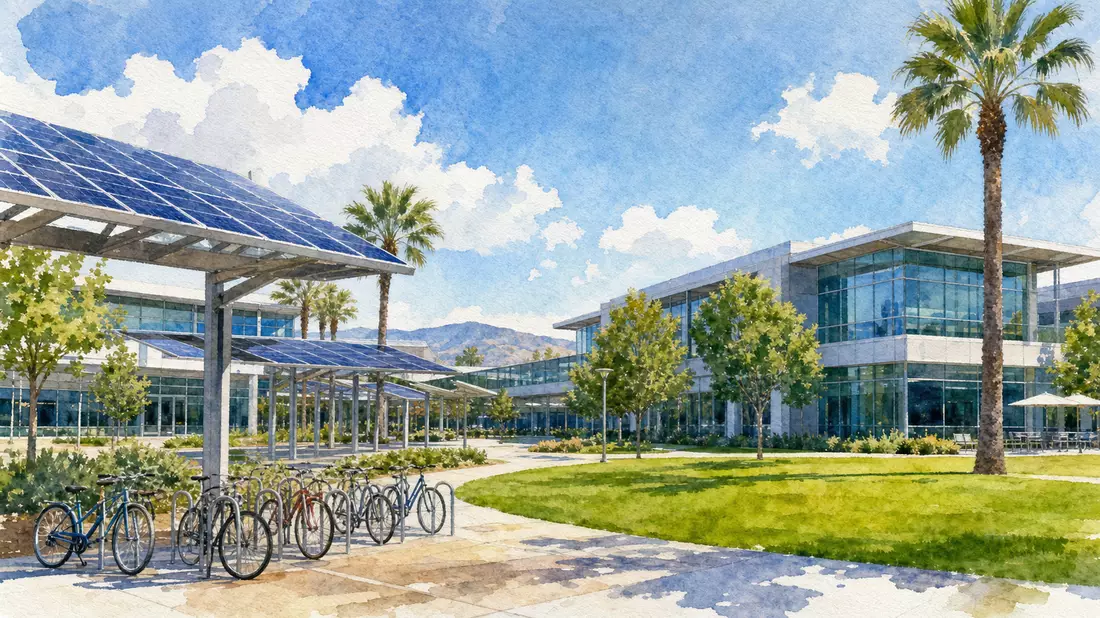 Aquarellmalerei eines modernen Tech-Firmencampus mit Glasgebäuden und Palmen