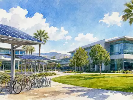 Aquarell eines generischen Tech-Campus im Mountain-View-Stil, Sinnbild für Alphabet Inc. (Class A), ISIN US02079K3059 - Foto: THN