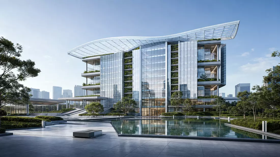 3D-Architekturrender eines modernen Glas-Bürogebäudes mit Dachbegrünung