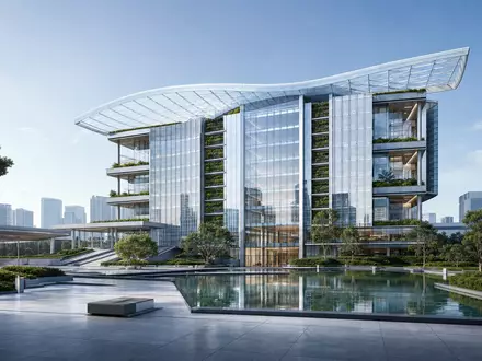 Architektur-Render eines futuristischen Glas-Hauptsitzes, stellvertretend für Alphabet Inc. (Class A), ISIN US02079K3059, Technologie - Foto: THN