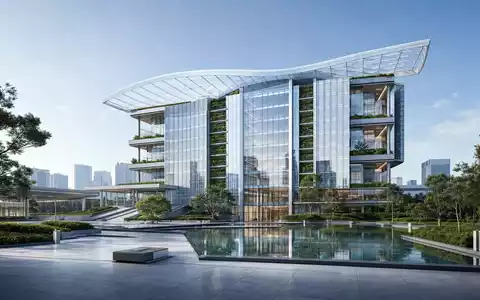 Architektur-Render eines futuristischen Glas-Hauptsitzes, stellvertretend für Alphabet Inc. (Class A), ISIN US02079K3059, Technologie - Foto: THN