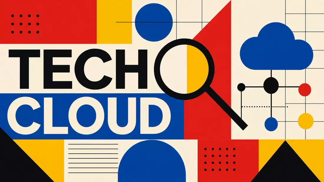 Geometrisches Bauhaus-Poster mit den Wörtern TECH und CLOUD in kräftigen Farben