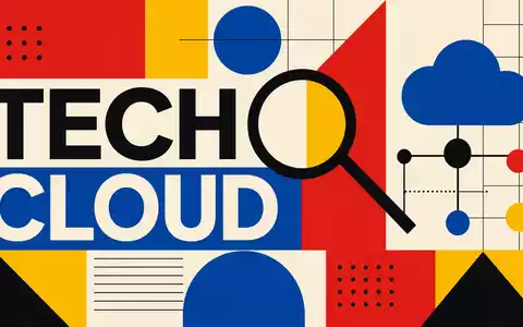 Bauhaus-Poster mit Begriffen TECH und CLOUD repräsentiert Alphabet Inc. (Class A), ISIN US02079K3059, Cloud-Geschäft - Foto: THN