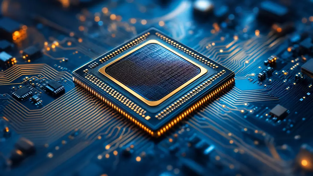 Extreme Nahaufnahme eines Computerchips mit goldenen Leiterbahnen und blauem Licht
