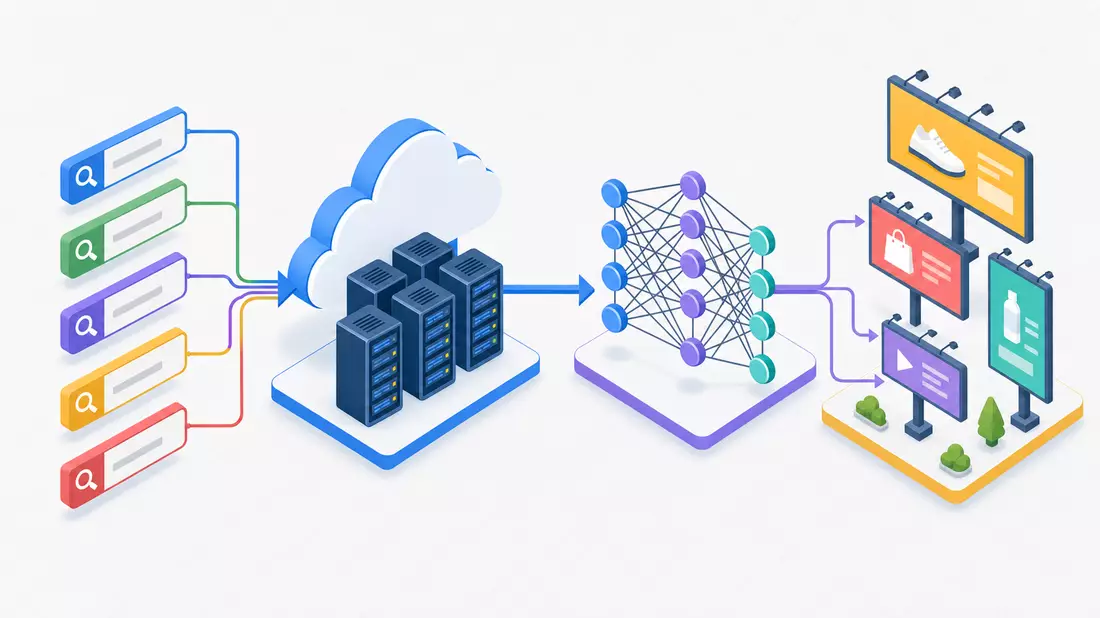 Isometrische 3D-Illustration einer Wertschöpfungskette von Suche über Cloud zu Werbung