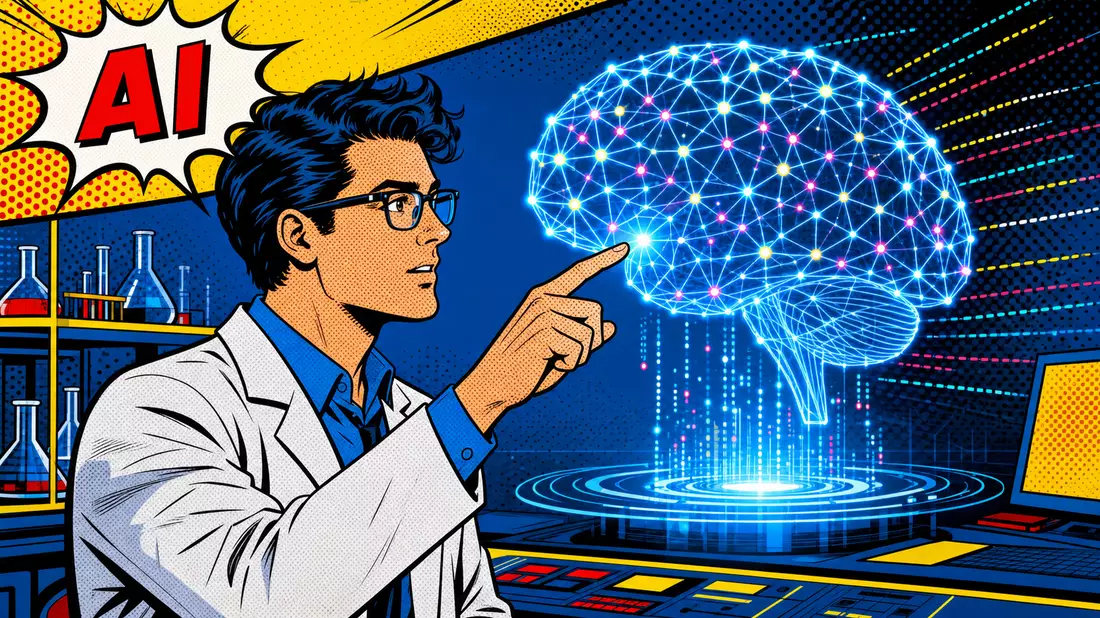 Bunte Pop-Art-Illustration eines Wissenschaftlers mit holografischem neuronalem Netzwerk