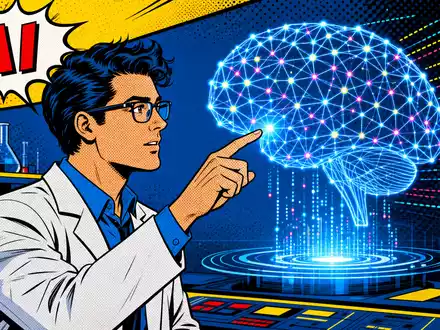 Pop-Art-Comic mit KI-Neuronalnetz-Hologramm symbolisiert Alphabet Inc. (Class A), ISIN US02079K3059, künstliche Intelligenz Forschung - Foto: THN