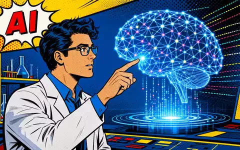 Pop-Art-Comic mit KI-Neuronalnetz-Hologramm symbolisiert Alphabet Inc. (Class A), ISIN US02079K3059, künstliche Intelligenz Forschung - Foto: THN