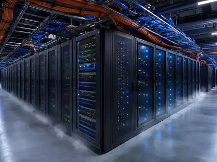 Broadcom Inc. (US11135F1012): fotorealistische Aufnahme eines modernen Rechenzentrums mit generischen Netzwerk-Switch-Racks und bunten Glasfaserkabeln - Foto: THN
