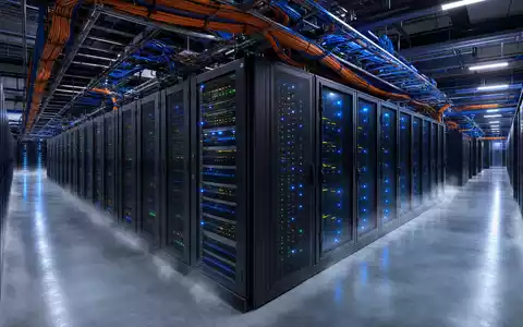 Broadcom Inc. (US11135F1012): fotorealistische Aufnahme eines modernen Rechenzentrums mit generischen Netzwerk-Switch-Racks und bunten Glasfaserkabeln - Foto: THN