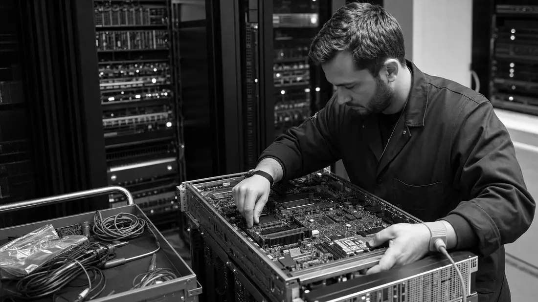 Schwarzweiß-Reportagefoto eines Technikers bei der Wartung von Server- und Netzwerkhardware