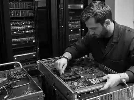 Broadcom Inc. (US11135F1012): dokumentarische Schwarzweiß-Reportage zeigt einen Techniker bei sorgfältiger Wartung komplexer Netzwerk-Hardware im Serverraum - Foto: THN