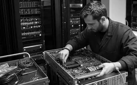Broadcom Inc. (US11135F1012): dokumentarische SchwarzweiĂ-Reportage zeigt einen Techniker bei sorgfĂ€ltiger Wartung komplexer Netzwerk-Hardware im Serverraum - Foto: THN