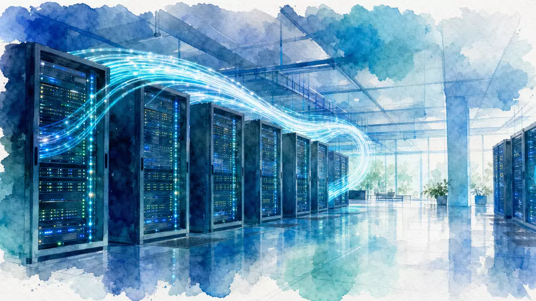 Aquarellillustration eines Rechenzentrums mit Server-Racks und geschwungenen blauen Glasfaserlicht-B