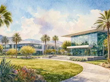 Broadcom Inc. (US11135F1012): zarte Aquarell-Illustration eines kalifornischen Technologie-Campus mit Palmen und modernen Glasfassaden - Foto: THN