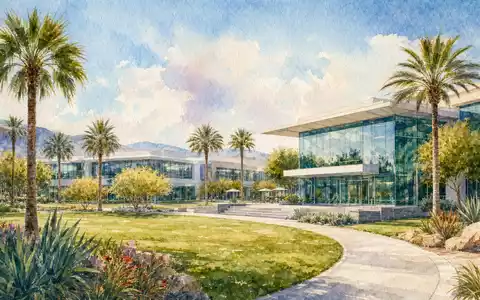 Broadcom Inc. (US11135F1012): zarte Aquarell-Illustration eines kalifornischen Technologie-Campus mit Palmen und modernen Glasfassaden - Foto: THN