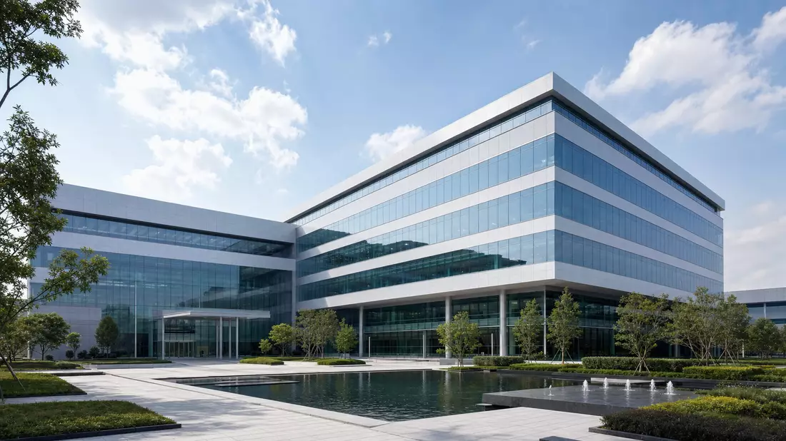Architektur-Render eines modernen Halbleiter-Forschungszentrums mit Glasfassade bei Tageslicht