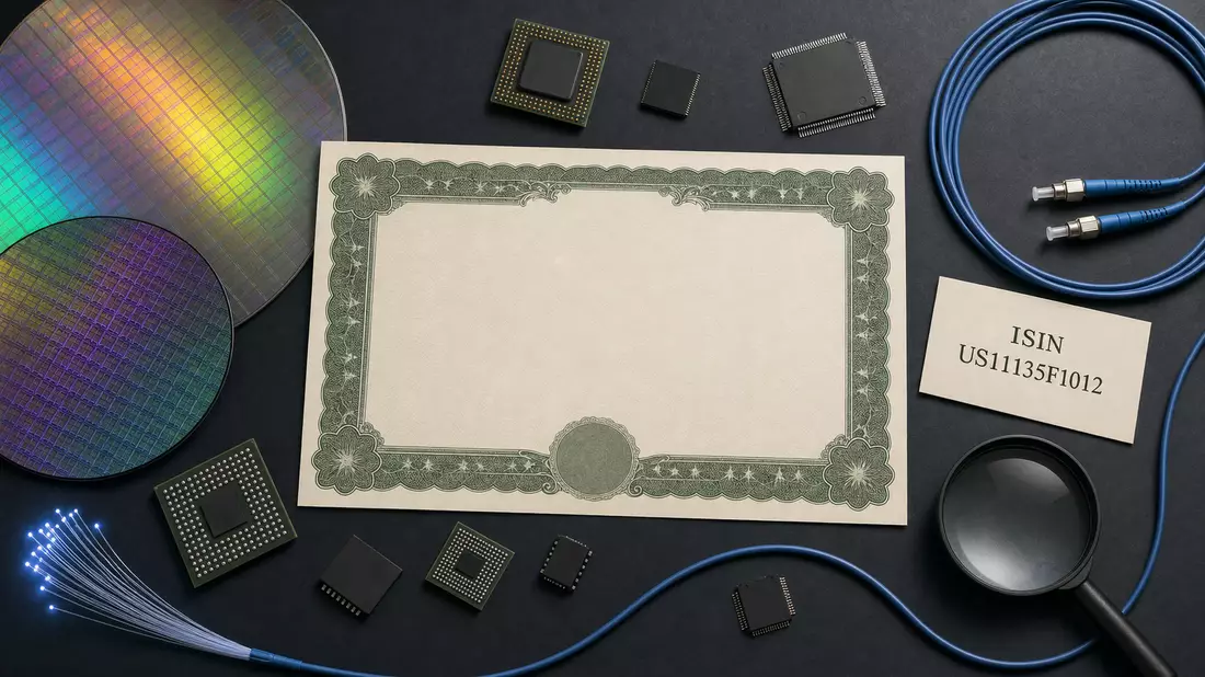 Flatlay mit Aktienzertifikat, ISIN-Karte, Mikrochips und Netzwerkkabeln auf dunklem Untergrund