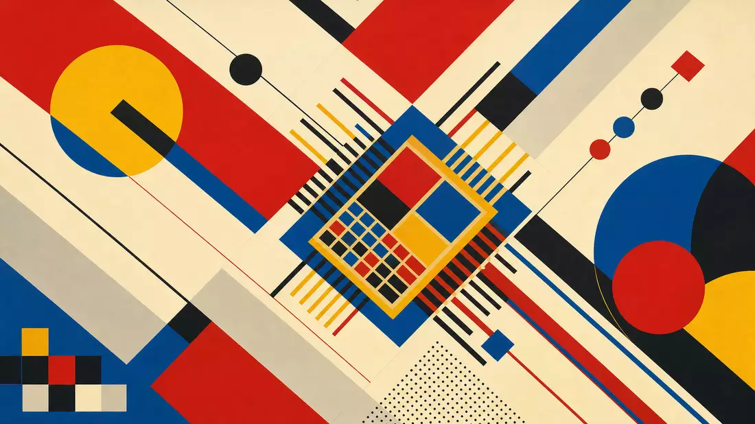Bauhaus-Grafikposter im Konstruktivismus-Stil mit roten, gelben und blauen Primärformen, die einen a