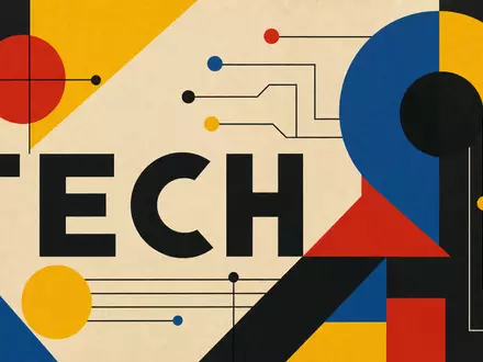 Broadcom Inc. (US11135F1012): geometrisches Bauhaus-Stil-Poster mit kräftigen Formen, Primärfarben und dem großen Schriftzug TECH - Foto: THN
