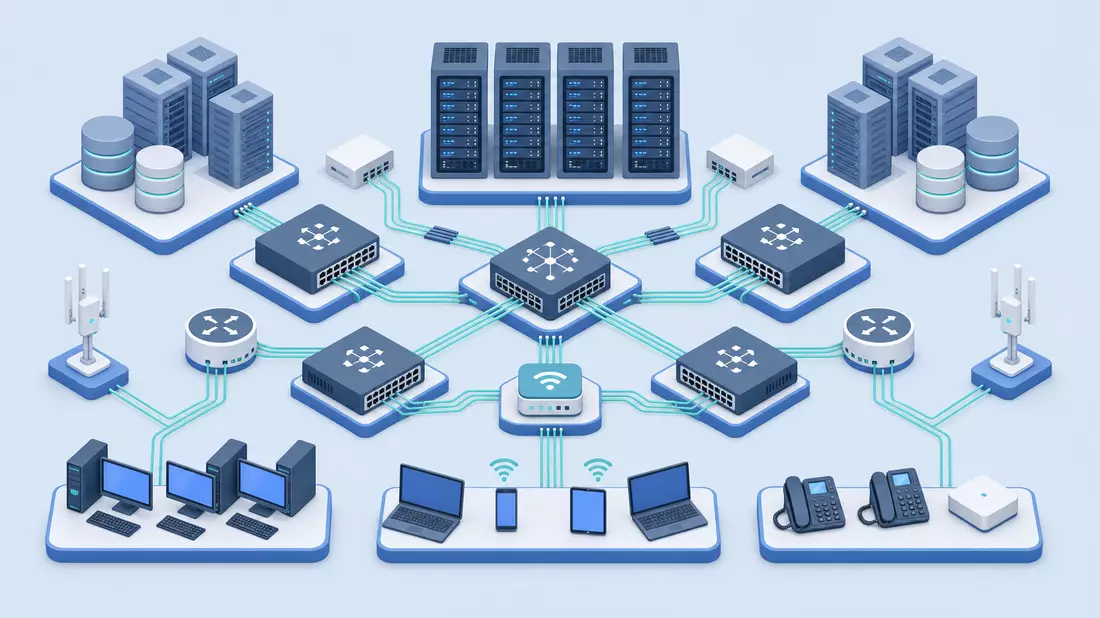 Isometrische 3D-Illustration einer Netzwerkinfrastruktur mit Server-Türmen, Routern, Switches und Gl