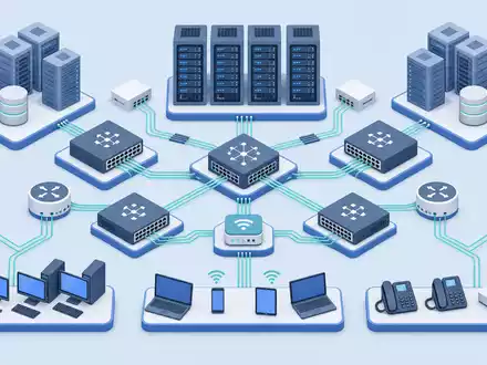 Broadcom US11135F1012 als isometrische 3D Illustration vernetzter Server Router und Switches im Rechenzentrum - Foto: THN