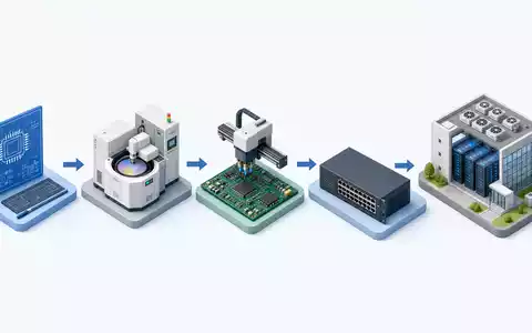 Broadcom Inc. (US11135F1012): isometrische 3D-Illustration veranschaulicht die komplette Netzwerk-Chip-Wertschöpfungskette von Design bis Rechenzentrum - Foto: THN