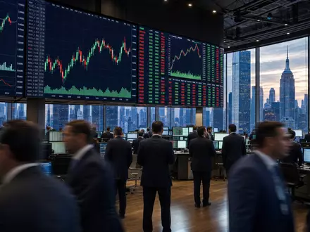 Broadcom Inc. (US11135F1012): stimmungsvolle editorielle Aufnahme eines Nasdaq-Handelsraums mit großen Technologie-Aktienkurs-Bildschirmen und Charts - Foto: THN