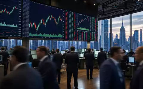 Broadcom Inc. (US11135F1012): stimmungsvolle editorielle Aufnahme eines Nasdaq-Handelsraums mit großen Technologie-Aktienkurs-Bildschirmen und Charts - Foto: THN
