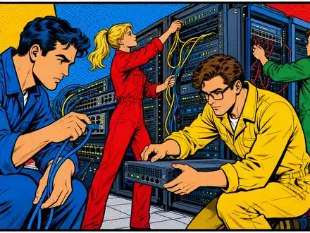 Broadcom Inc. (US11135F1012): farbenfrohe Pop-Art-Comic-Szene zeigt Ingenieure bei der Arbeit an Netzwerk-Server-Racks - Foto: THN